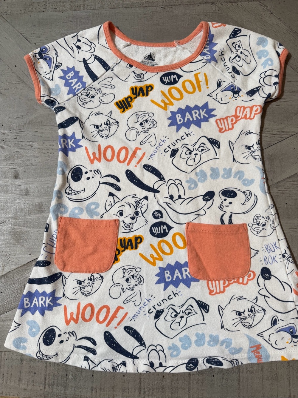 Disney Allover Critters White Dress with Characters  Coral Trim/pockets size Med